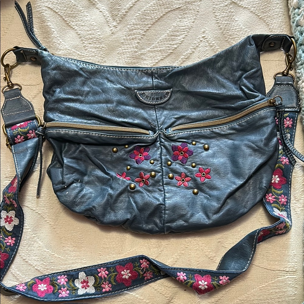 Anthropologie Blue Floral Embroidered Bag